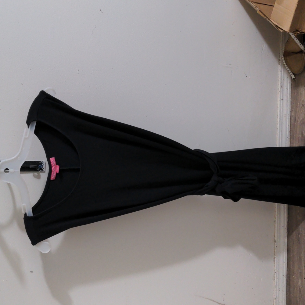 Beautiful black slinky Woman Within dress with a sewn wrap around belt